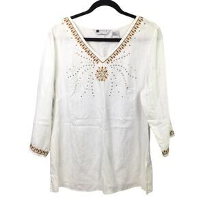 Carole Little Boho Retro Linen Beachy Embroidered Breathable V-Neck Cream Top 1X